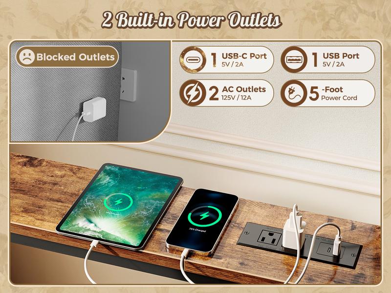 Huuger Narrow Sofa Table with 2 Power Outlets, 63-86.6 Inch Adjustable Length, Behind The Couch Table with USB-C Ports, Long Entryway Console Table, Anti-tip Kit, for Hallway Entry