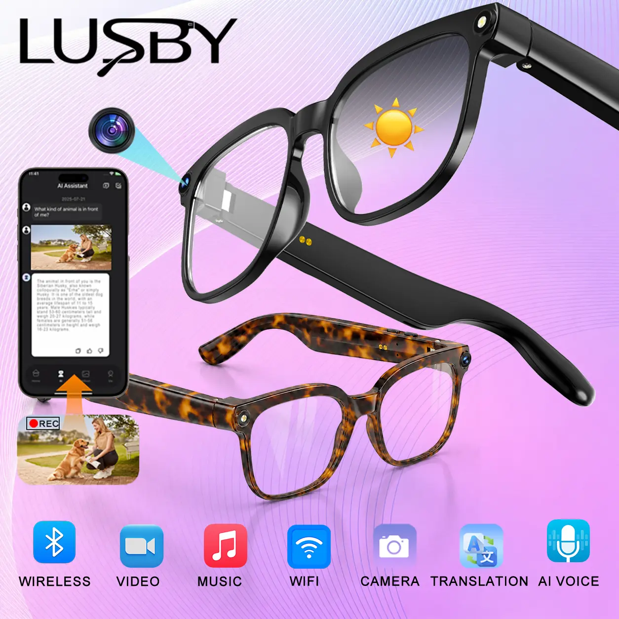 LUSBY Smart AI Camera Glasses with 8MP Photochromic Lenses, Button-Touch Adjustment, 160+ Languages Real-Time Translation, Bluetooth Wireless Video Recording, UV Sun Protection, Cool Gadgets for Travel Outdoor Adventures, Mens Gifts for Him Easter Gift, U