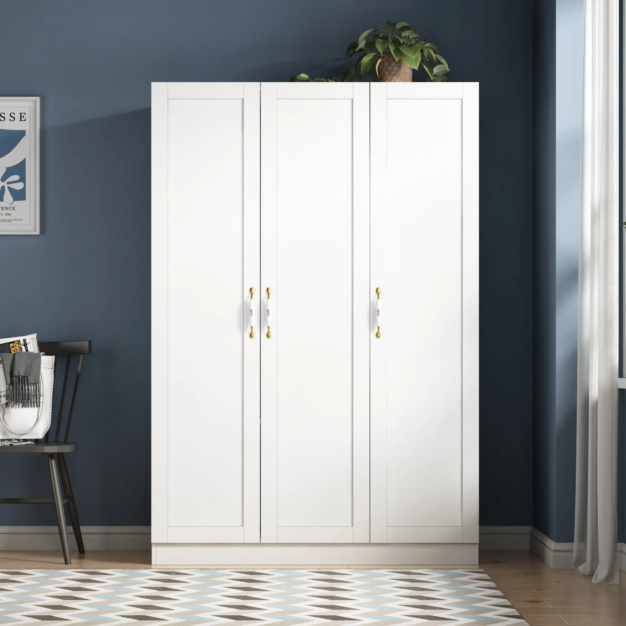 FUFU&GAGA Large Wardrobe Armoire Wooden Closet with 3 Doors 5 Storage Compartments 2 Hanging Rods & Decorative Handles for Bedroom Elegant Style Durable Construction