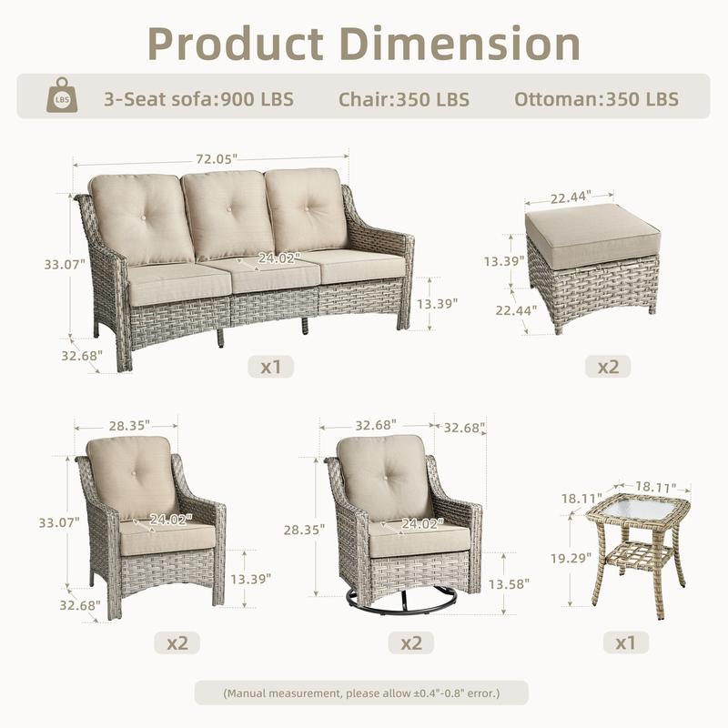 Outdoor Wicker Patio Furniture Set 8-PCS with A 3-Seat Sofa, 2 Swivel Rocking Chairs, 2 Armchairs, 2 Ottomans and 1 Side Table Patio Conversation Set for Comfortable Outdoor Space