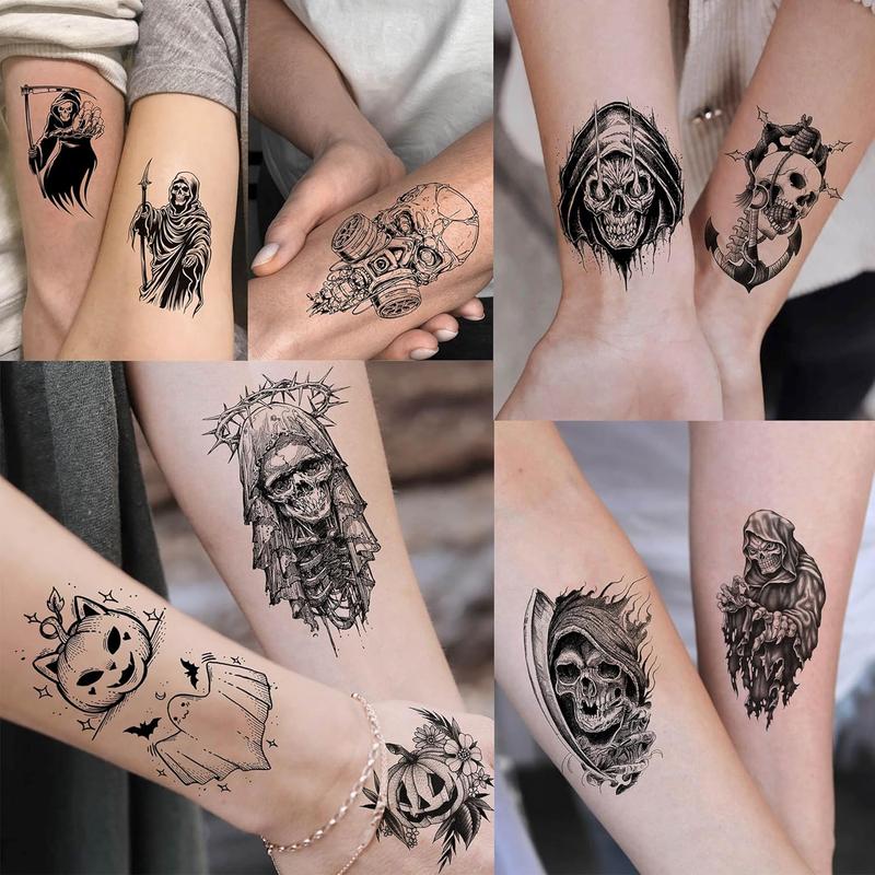 61 Sheets Halloween Temporary Tattoos for Men Women Adults, 12 Sheets Skeleton Death Skull Demon Devil Half Arm Sleeve Fake Tattoo Stickers, 49 Sheets Spider Web Bat Snake Vampire Scar Face Tattoos cohesive tattoos