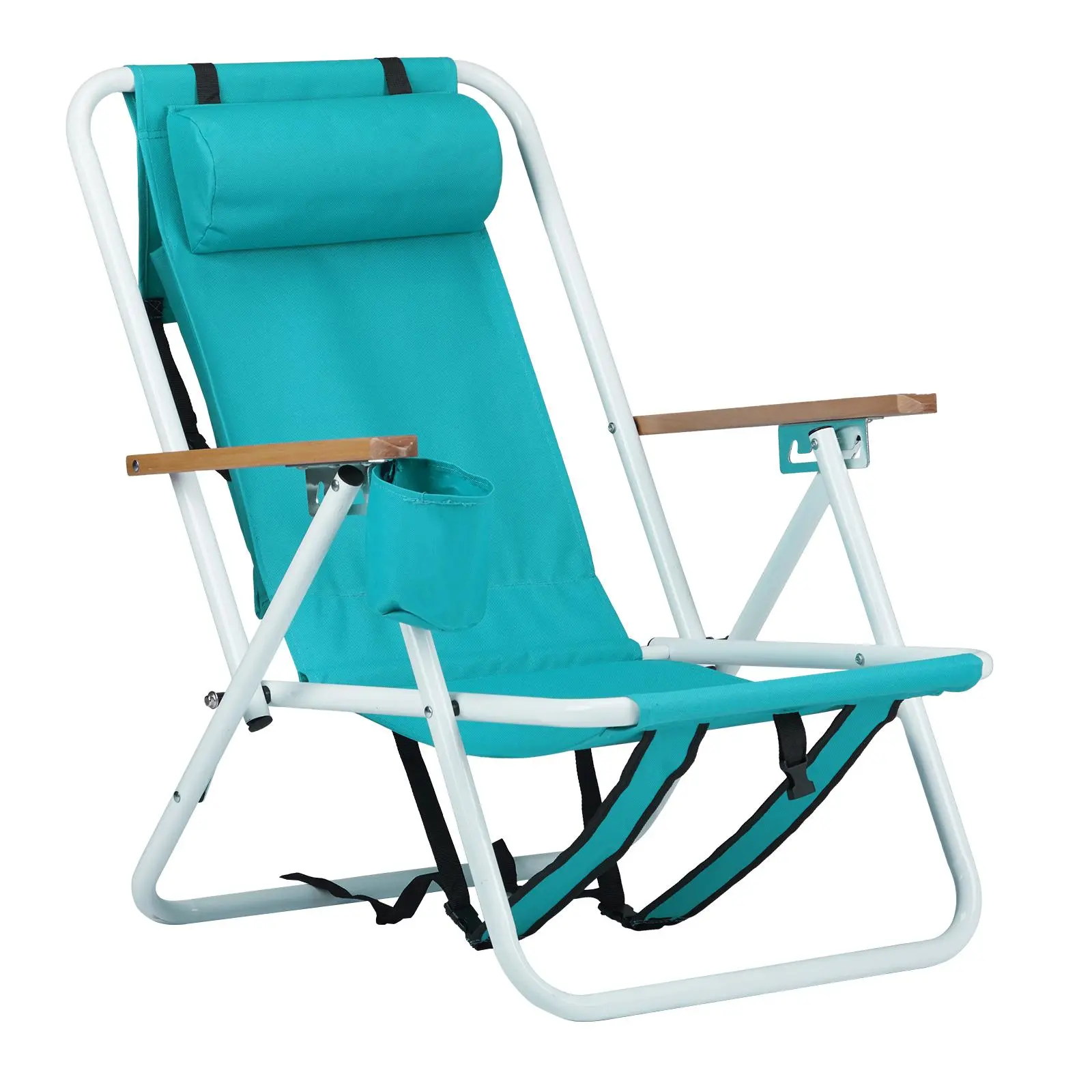 Portable Reclining Beach Chair with Backpack Straps, 4-Position Outdoor Camping Seat in Supportive Oxford Fabric with Wooden Armrests and Headrest, Green, Outdoor Camping Chair, Portable Chair