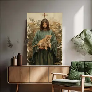 Wall Art Wall Decor Posters Jesus Embracing Lion Cub Christian Neutral Tone Canvas Print Classic Design Add Spiritual Warmth Perfect Gift For Family Friends For Living Room Church Religious Decoration