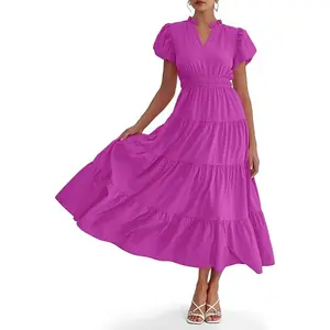 Wenrine Womens Summer Midi Dress Puff Short Sleeve V Neck Flowy Tiered Beach A-Line Dresses