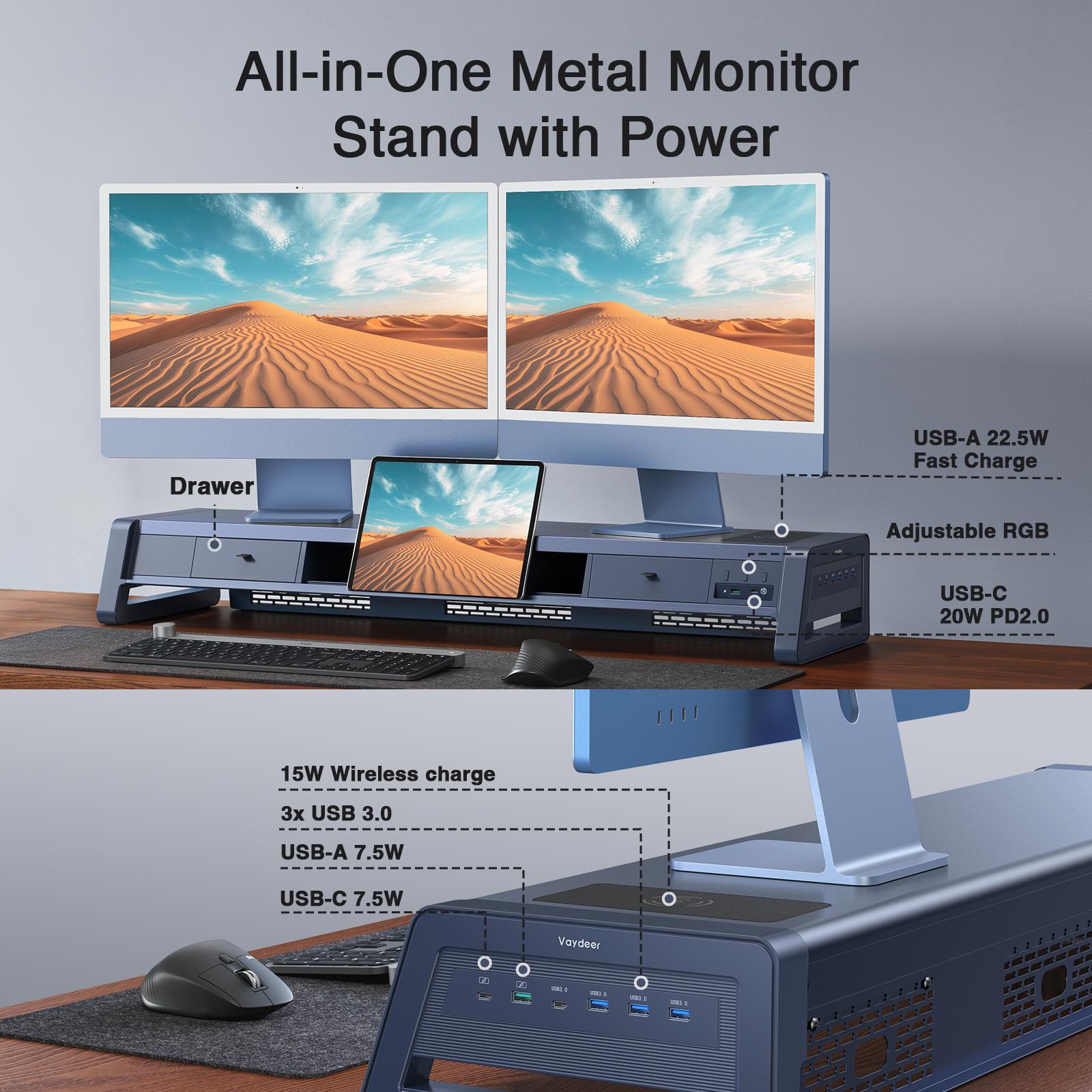 Vaydeer Metal Dual Monitor Stand Riser with 8USB Ports and Wireless Charging Pad with LED Light Strip for 2 Monitors , with2 Drawers, Desk Organizer for PC, iMac (39.3 inches),TikTokShopBlackFriday