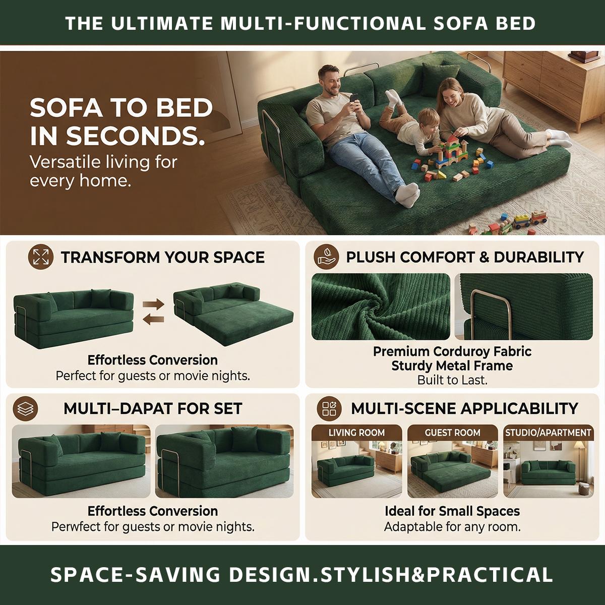 79" Convertible Sleeper Sofa Bed with Cylindrical Pillow Corduroy Folding Mattress Couch Fixed-Shape Frame Modular Compressible Living Room Sofa Set Vintage Suede Comfortable Lounge Chair Lazy Sofa Bean Bag Bedroom Sleeper Modern Cloud Loveseat