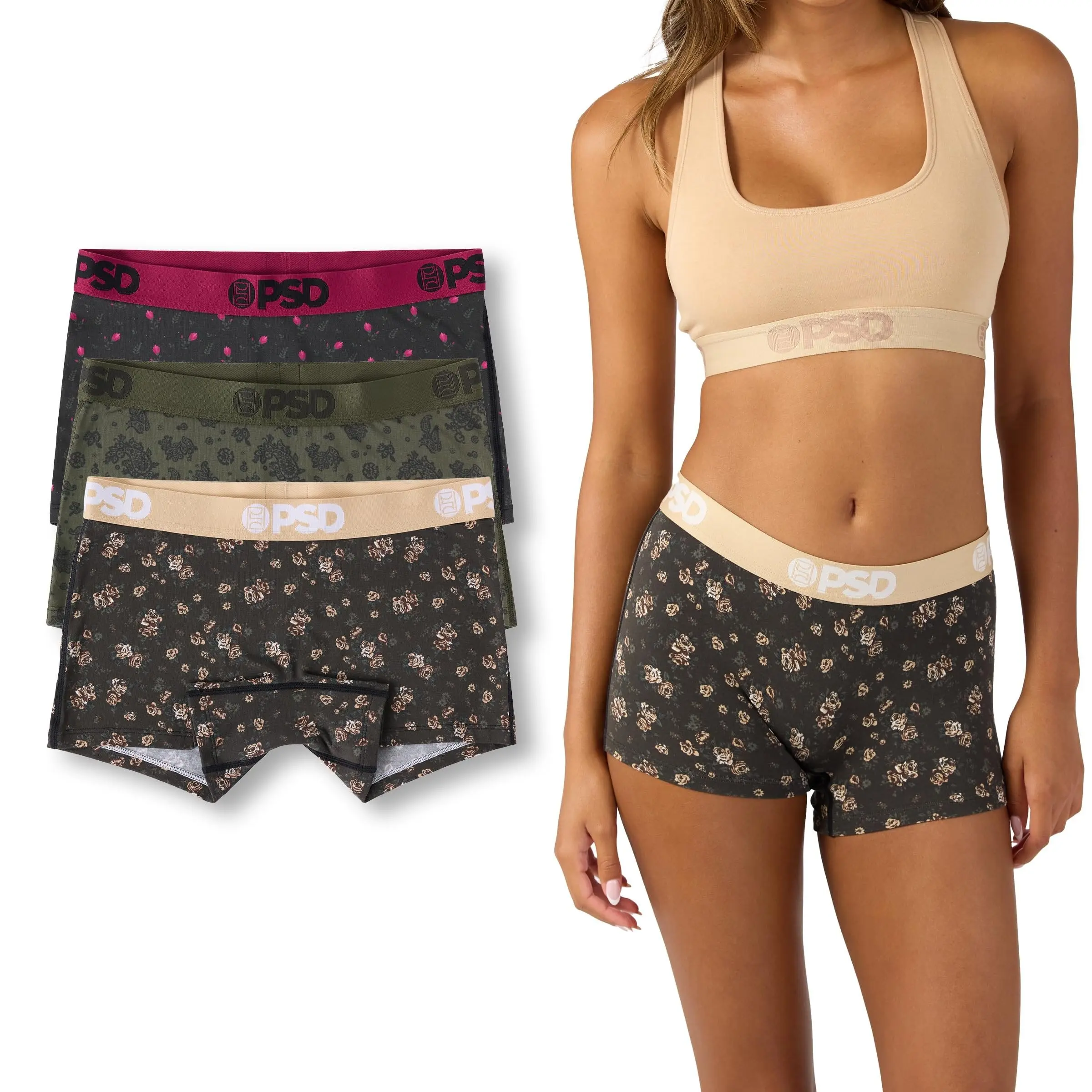 PSD Women's Floanda Boy Shorts 3-Pack, Cotton-Modal Blend with Floral & Paisley Prints, Anti-Chafe Performance Underwear for Working, Everyday, Full Coverage, Lightweight Breathable Boyshorts & Boxers, Low Rise Boyshorts & Boxers, Flowers, Elastane, Flora