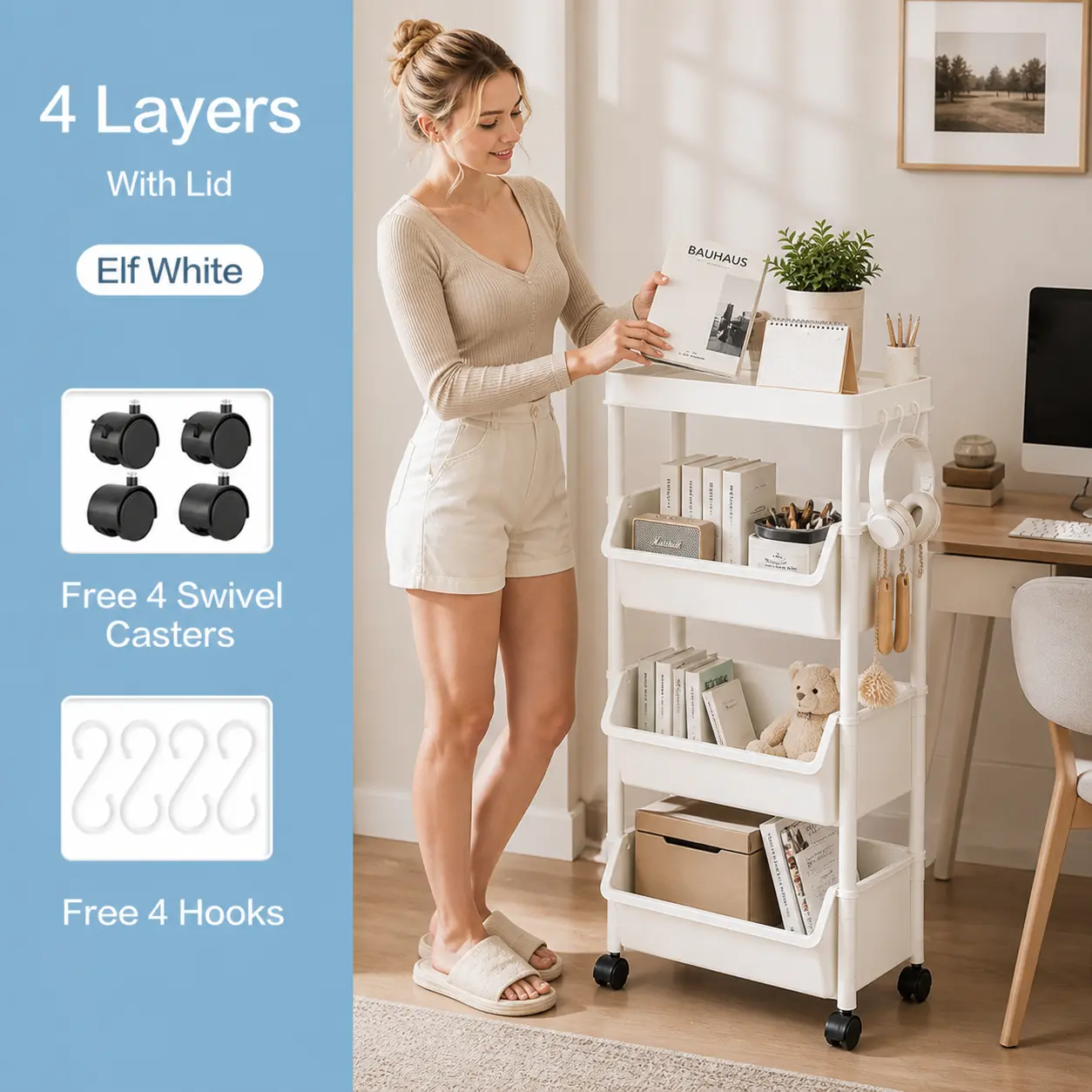 4-Tier Rolling Storage Cart with Wheels, Slim Bathroom Organizer, Space Saving Storage Shelf for Toiletries & Essentials