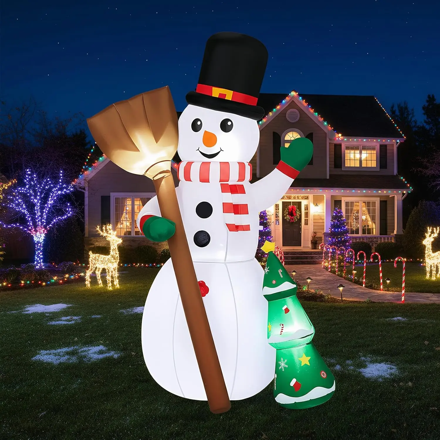 6.2ft Snowman with Broom Christmas Inflatable Yard Decoration, Built-in Blower, LED Lights, Stakes & Tethers for Festive Outdoor Home Decor