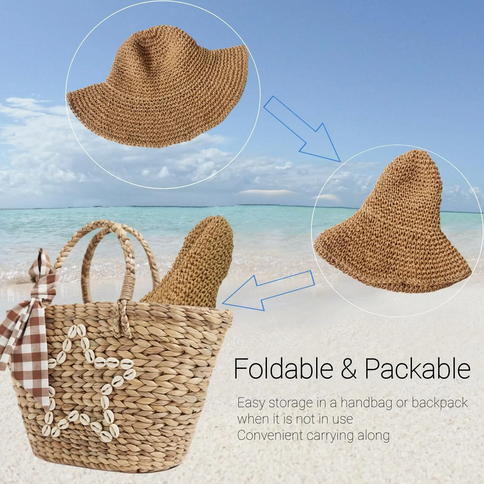 Elegant Wide Brim Foldable Sun Hat Handwoven Straw Travel Beach Garden Party Foldable hand-woven straw hat, women main image 3