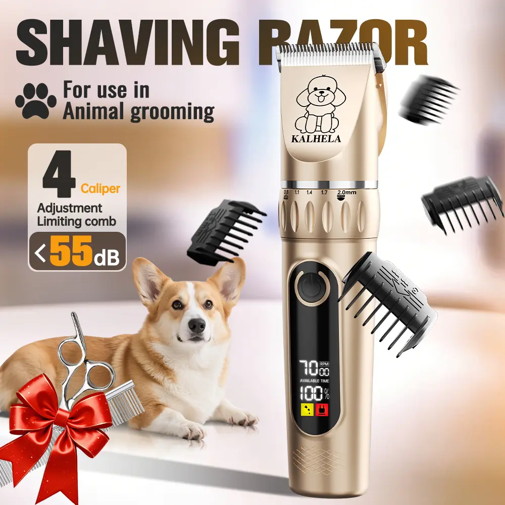 KALHELA Rechargeable Cordless Dog & Cat Grooming Clippers Kit - Low-Noise 2-Speed Electric Grooming Tools with LED Display, Trimmer, Shaver, ABS Body, Easy Clean, Removable Batteries, Universal Sub Fit for Rabbit, Moisturizing Support, Cordless Freedom