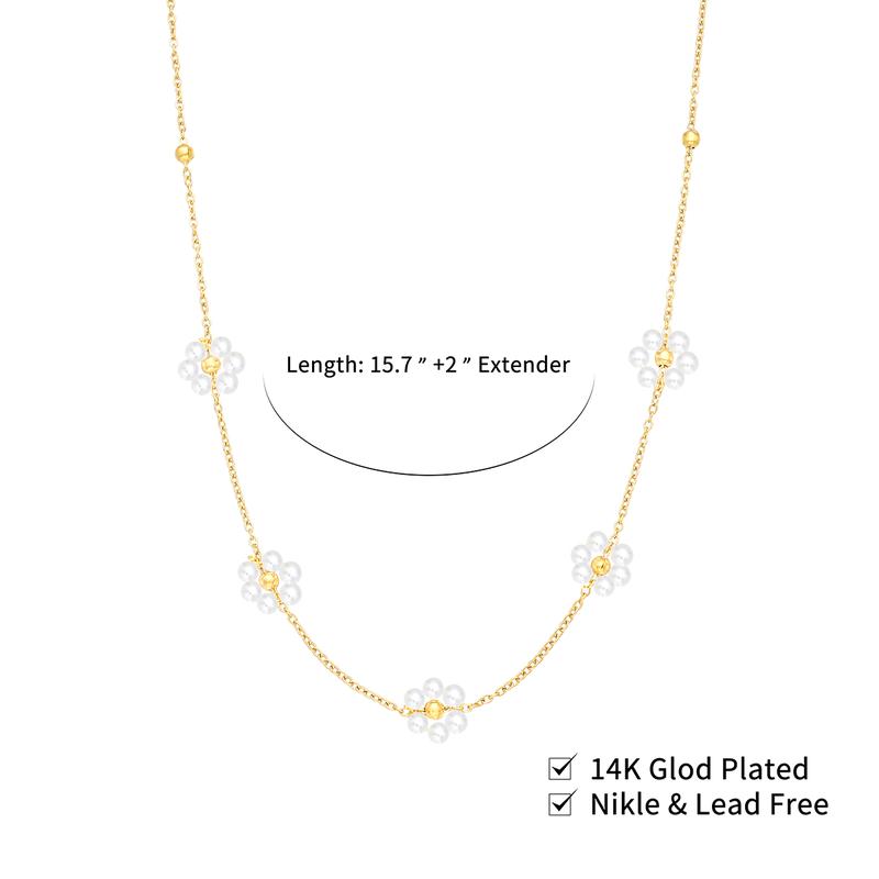 17KM Pearl Necklaces for Women, Daisy Pearls Choker for Women's Pearl Strand Necklaces as Valentines Day Gifts for Teens, Silver Daisy Birthday Gifts 3 Pearls White Necklace as Bridesmaid gifts