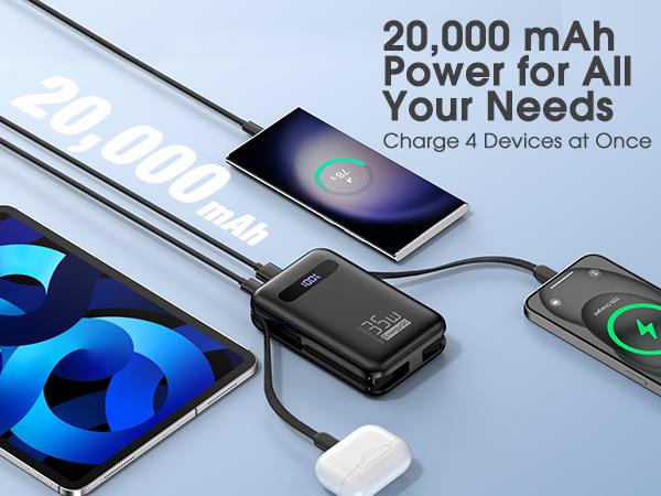 20000mAh 35W Power Bank – Built-in Cables, PD 3.0 & QC 4.0 Fast Charging, 4 Ports, LED Display, TSA-Friendly