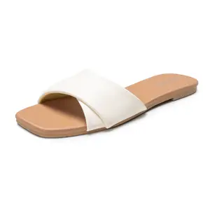 FITORY Women's Flat Sandals, Square Toe Slides with Cross Strap, Soft Leather for Summer
