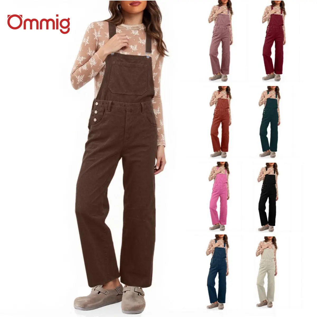 Ommig Women's Minimalist Corduroy Overalls, Slouchy Solid Color Jumpsuit with Barrel Legs and Adjustable Straps