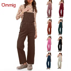 Ommig Women Corduroy Bib Overalls Fall Barrel Leg Jumpsuits Adjustable Straps Multi Pockets Long Pants Rompers