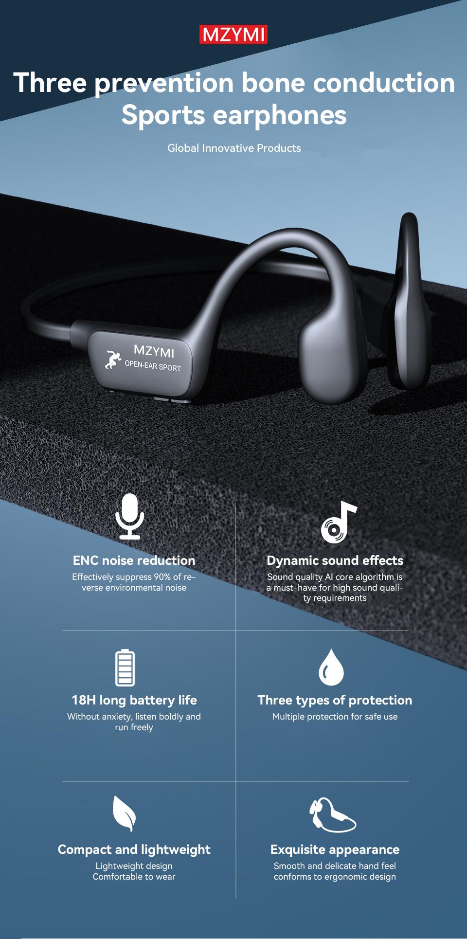 MZYMI i18Pro Bone Conduction Headphones Wireless V6.0 Open-Fit Ear Clip with Microphone Bluetooth 240mAh Fast Charge TYPE-C Sport Earbuds Sweat- and Dust-Repellent for Active Use - Electronic