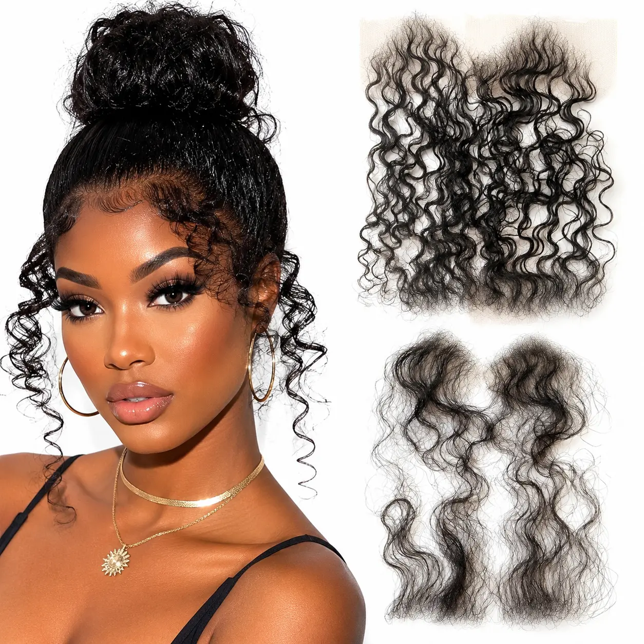 Women's 4Pcs 100% Human Hair Baby Hair Strips - Transparent Swiss HD Lace Curly, Glueless Body Wave Edges, No Glue Fringe, Natural Looking for Ponytail Extensions, Headband Wigs Compatible, Natural Looking Hair