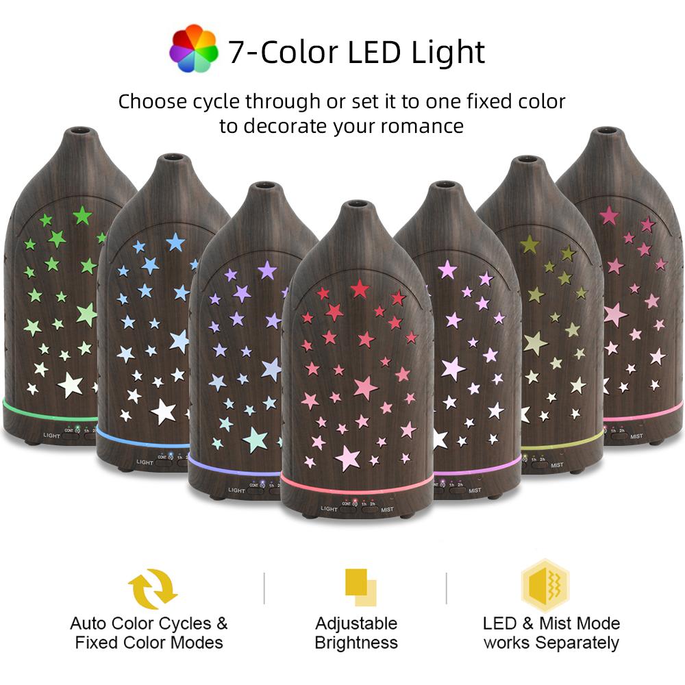 Star Hollow Essential Oil Diffuser Hollow Ultrasonic Aromatherapy Diffuser 7 Color LED Lights, Quiet & Auto Shut Off