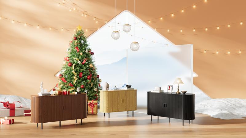 【Valentine's Day gift & Sliding Doors Design】ONBRILL 40/55/63" Gorgeous Fluted Buffet Cabinet, Coner Coffee Bar With Storage,  Mid Century Modern Sideboard with Adjustable Shelf, Accent Wood Console Table for Kitchen Entryway Living Room Furniture