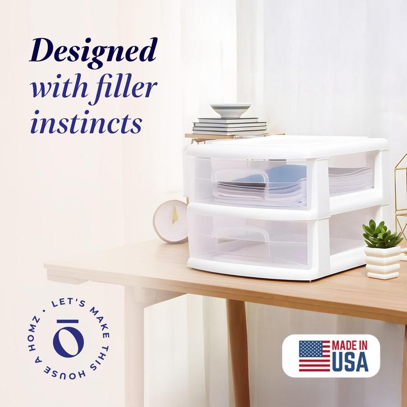 Homz Plastic 2 Drawer Medium Storage Cart, White Frame with Clear Drawer, 2 Pack