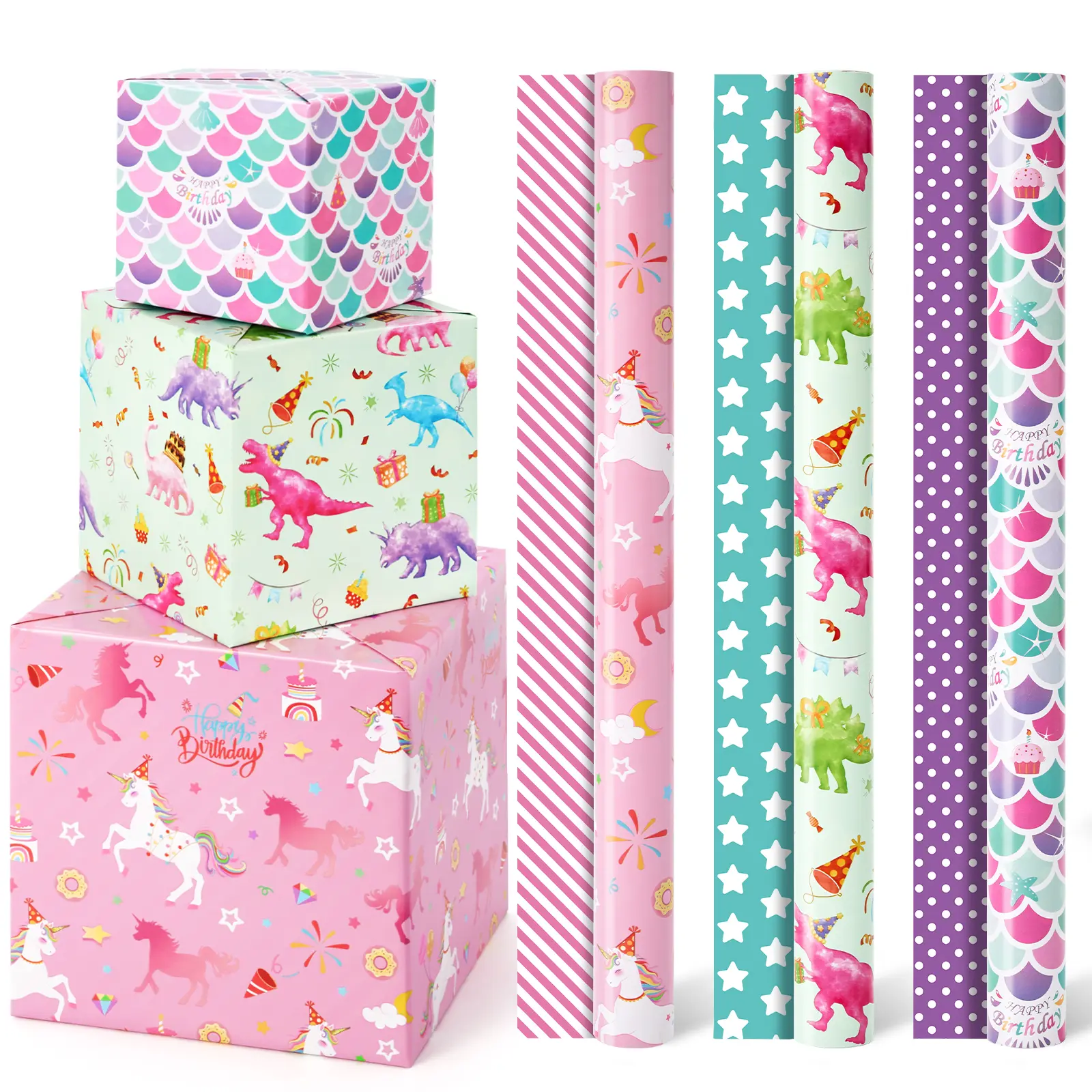 WERNNSAI 3 Pack Wrapping Paper Rolls (17"x120" with Cutting Lines), Gift Wrap Paper Set, Advanced Printing, Unisex Kids Birthday Party, Baby Shower, All Occasion Gift Wrapping, Art Craft Festive Supplies, papel de regalo para niños cumpleaños