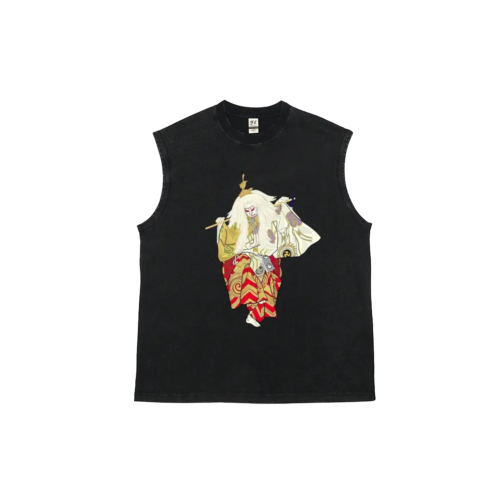 Men's Japanese Samurai Demon Print Sleeveless Washed Tank Top, Traditional Warrior Ghost Graphic Vintage Muscle Shirt, Distressed Streetwear Summer Undershirt for Men
