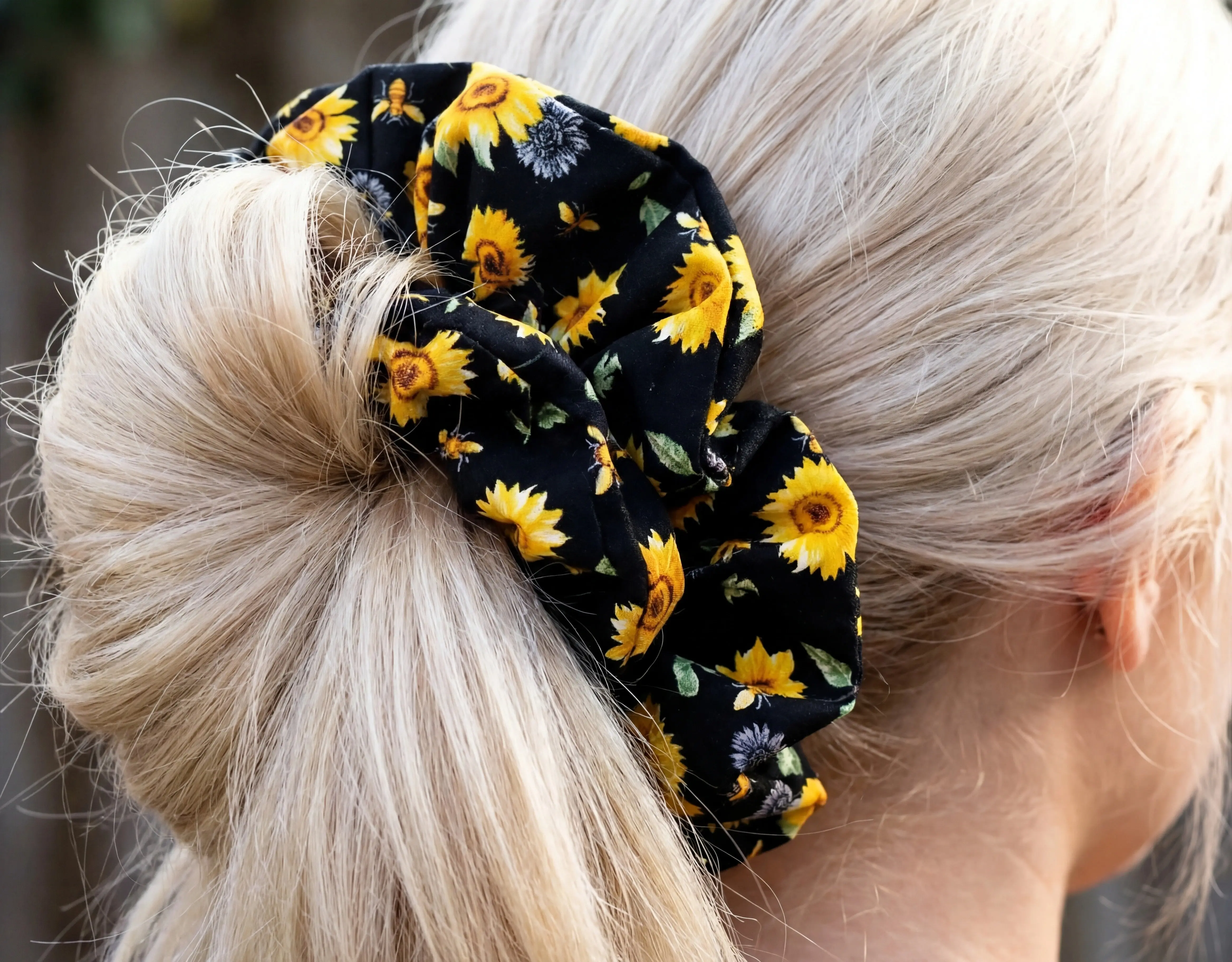 Black Sunflower Print Cotton Scrunchie – Handmade Hair Accessory