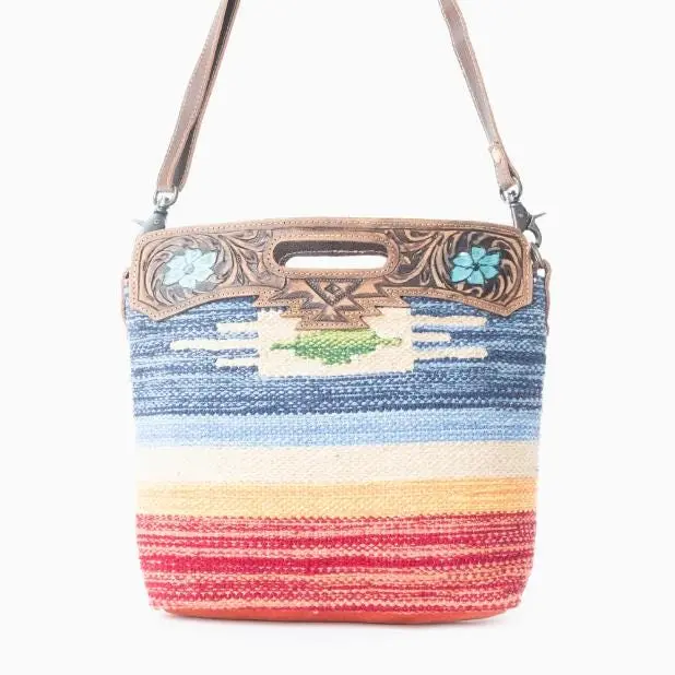 Myra Bag Women's Handbag - Azure Petals, Hand-Tooled, Compact, Cotton Blend, Crossbody Handbag, Multiple Pockets, Casual Wear