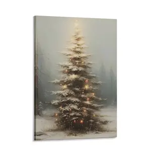 Vintage Christmas Tree Canvas Wall Art, Christmas Tree Painting Poster, Moody Rustic Winter Picture Prints for Wall Decor