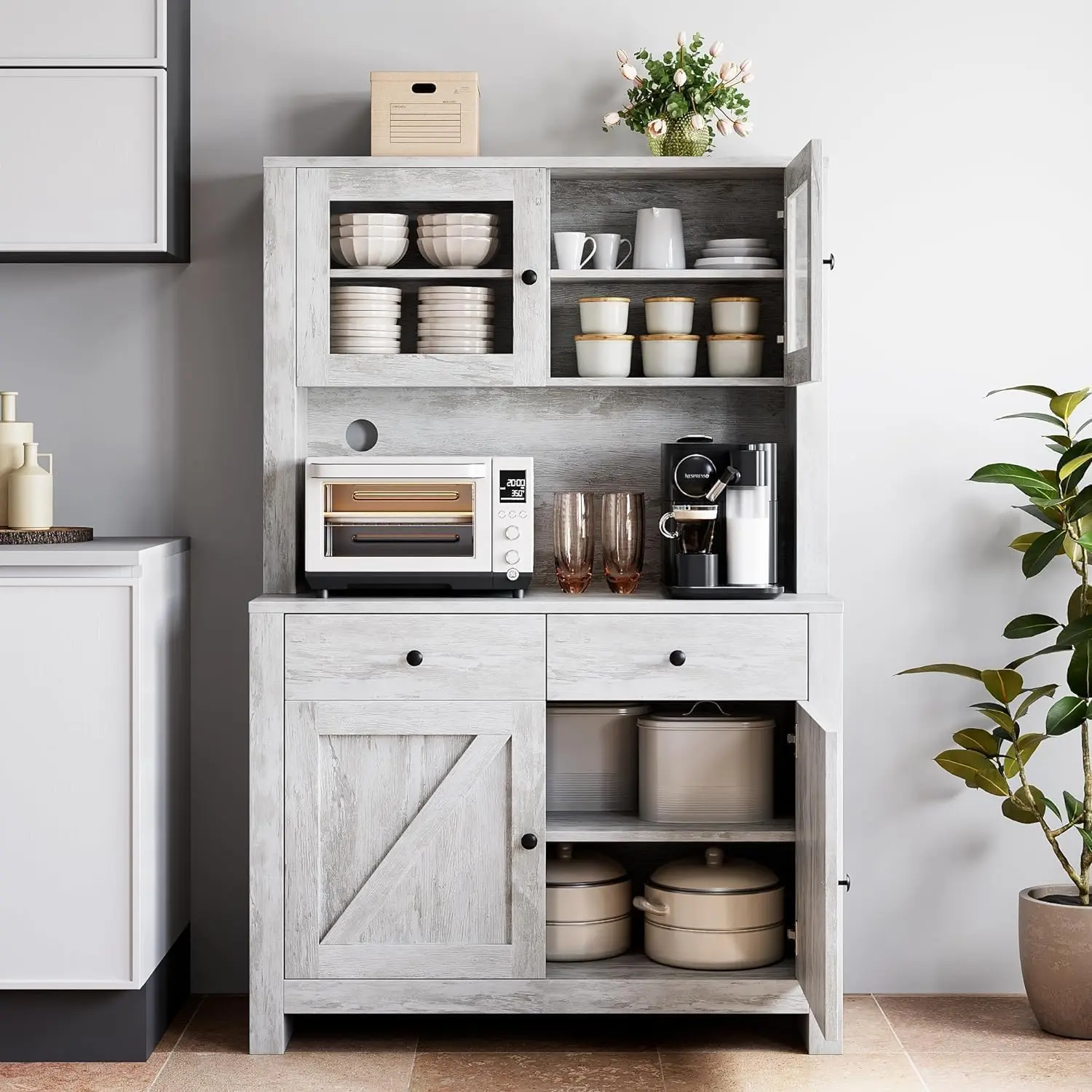 Garvee Modern Kitchen Storage Cabinet - Grey Farmhouse Multi-Use Cabinet Kitchen Furniture with Dual-Functional Wine Storage Feature, Large Capacity Kitchen Furniture
