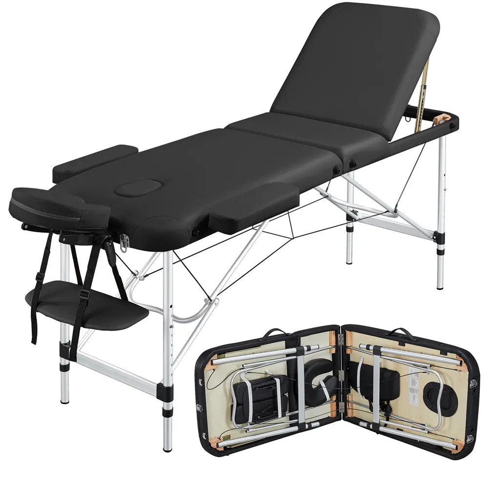 Yaheetech Sturdy Beech Wood Foldable Massage Table - Wipe-Clean Faux Leather, Soft Foam Cushions Relax You, Commercial Salon Furniture, 3-Fold Portable Spa Bed with Metal Legs & Hand Pallet, Waterproof Adjustable Relaxation Grooming Equipment, Fold To 7.3
