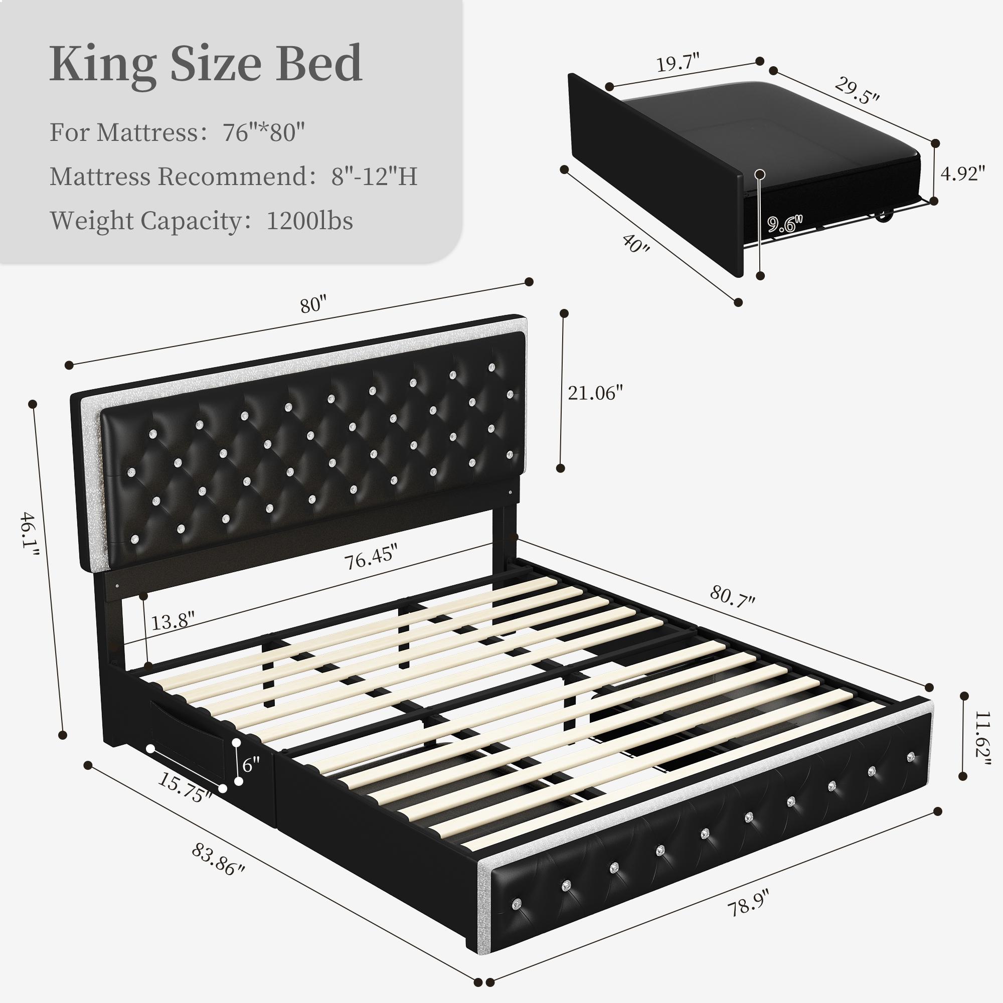 Sibeds Queen Size Bed Frame with Storage Shelf, Storage Drawers and LED Lights, Upholstered Platform Bed with Adjustable Headboard and PU Velvet, No Box Spring Needed, Noise-Free, Easy Assembly