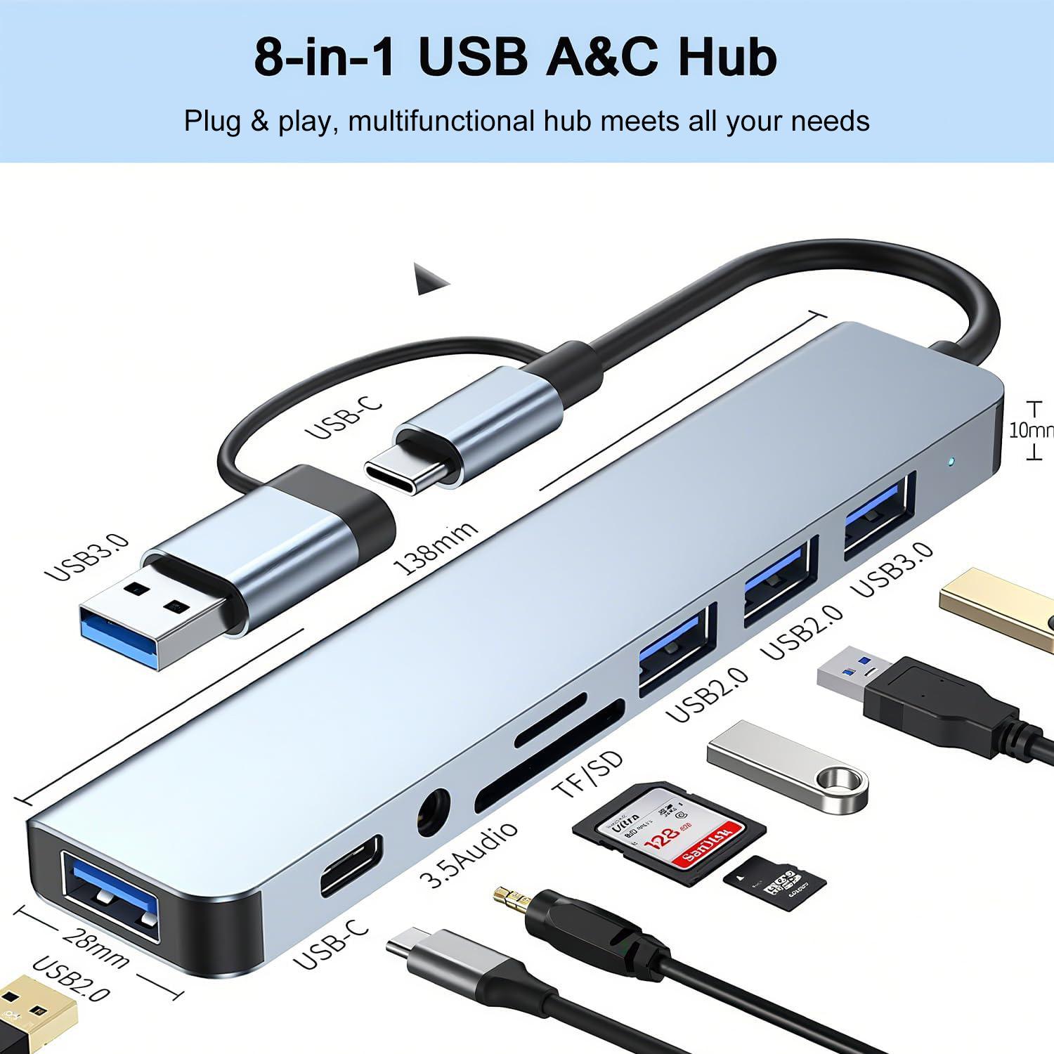 USB C Hub 8-in-1 Multiport Adapter USB Extender with 4 USB Ports, TF/SD Card Reader, 3.5mm Audio Jack & USB C Port, Dual USB-A/C Input for MacBook/iPad/PC/Laptops, Computer Accessories