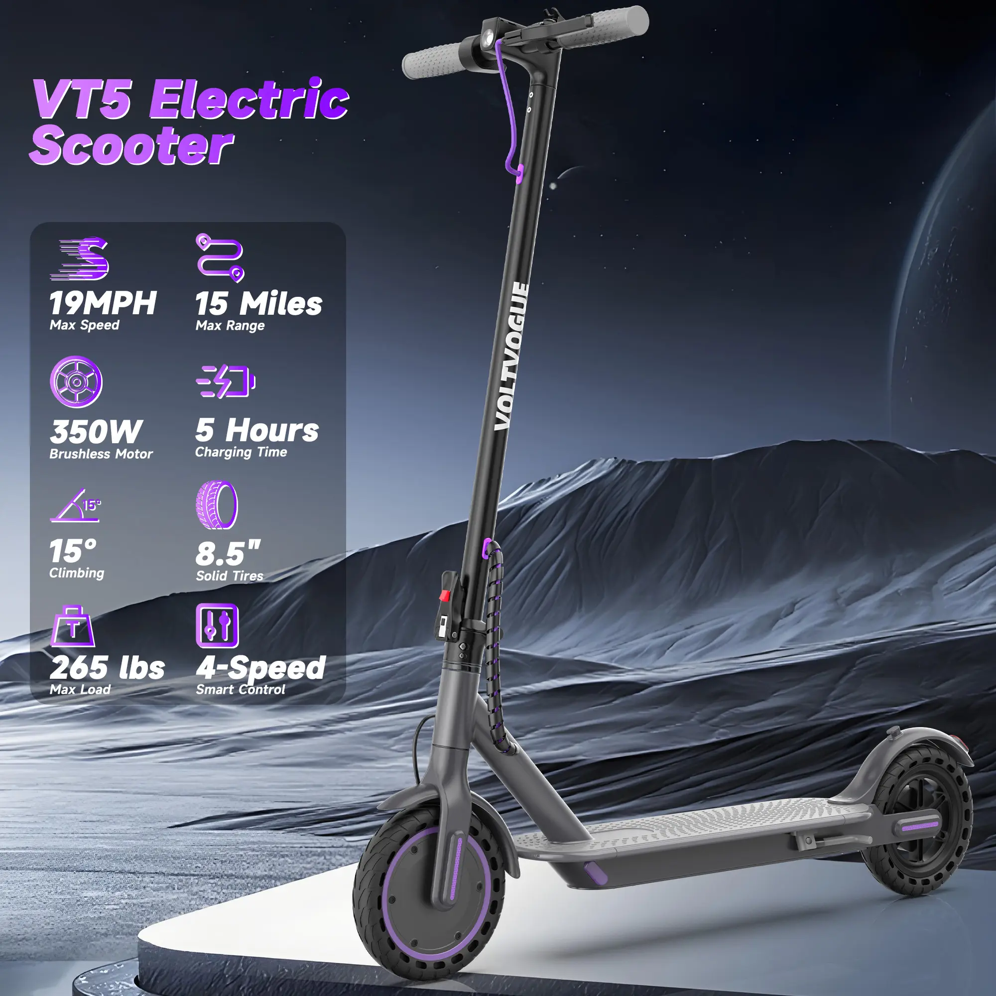 Electric Scooter – 19 MPH Max Speed, , 8.5" Honeycomb Solid Tires, 350W Motor, 12/16/21Miles Range, Foldable Design, Dual Braking System & App Control【 VT5/ES80/LP60XB】