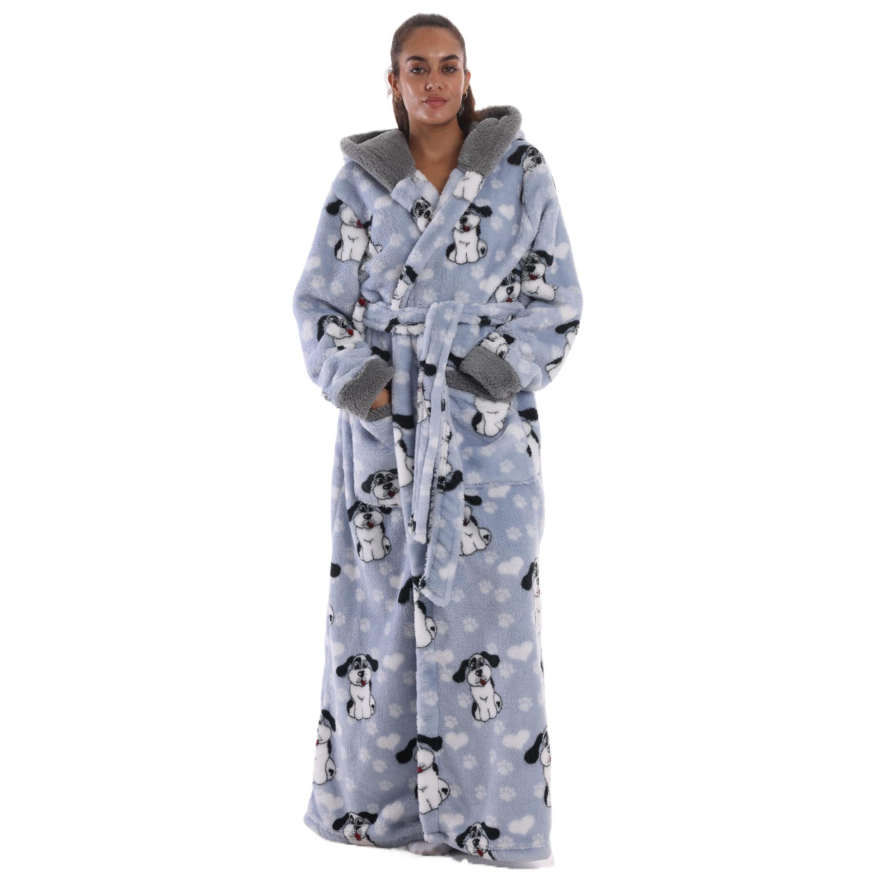 Msrlassn Cozy Soft Flannel Bathrobe Lined Color Block Hooded Robe for Women Thickened Long Sleeve Pyjamas Cute Print Home Sleepwear ,One Size Fit Most, February Stock Up