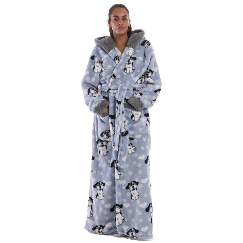 Msrlassn Cozy Soft Flannel Bathrobe Lined Color Block Hooded Robe for Women Thickened Long Sleeve Pyjamas Cute Print Home Sleepwear ,One Size Fit Most, Valentine's Day Gift