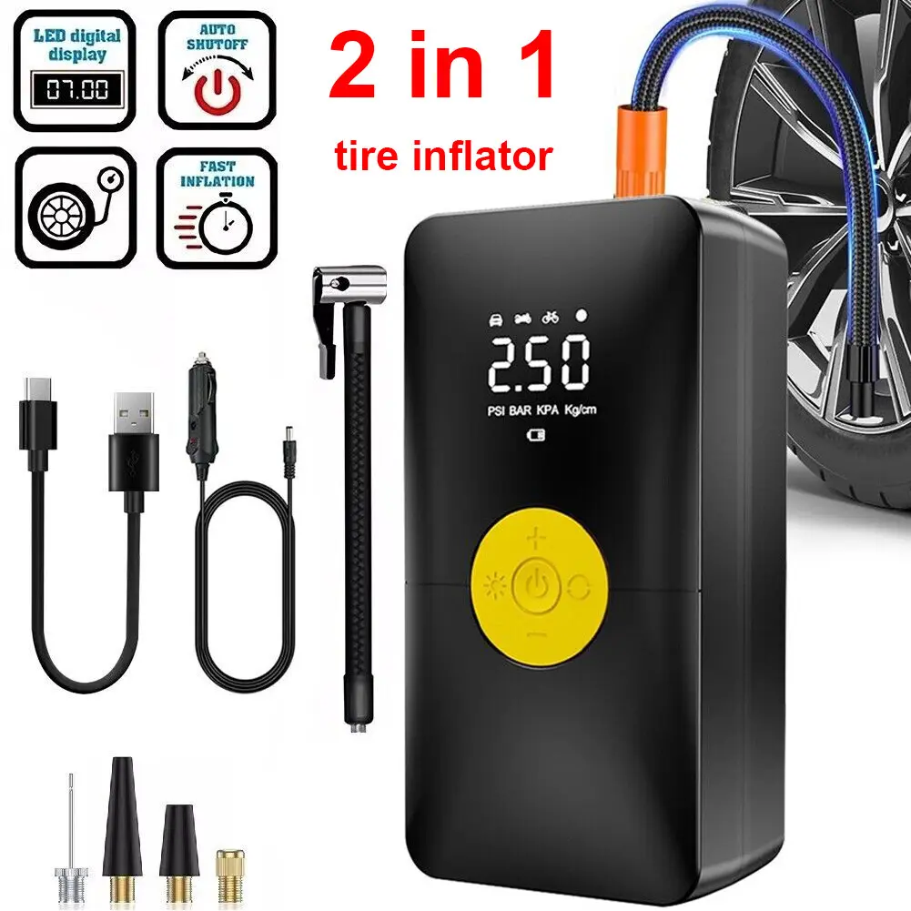 2-in-1 Cordless-Corded Tire Inflator Portable Air Compressor, 4500mAh Rechargeable Battery, 150 PSI, 12V 120W Electric Air Pump, 35L/min Flow Rate, ABS Plastic, USB Cable, High-Pressure Fast Inflation, 4 Adapters for Cars, Balls