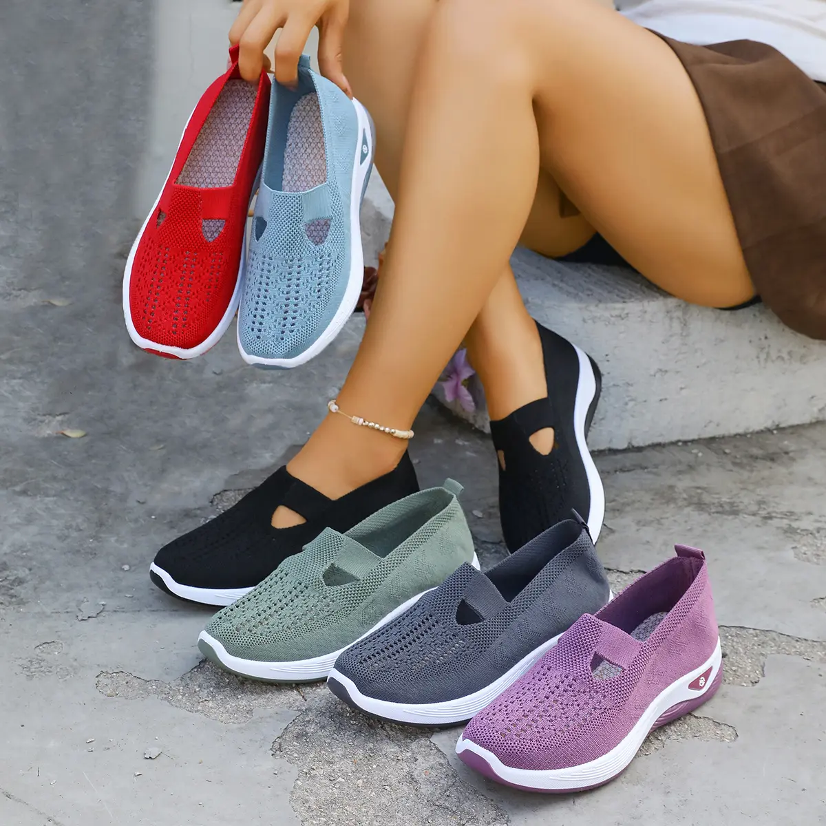 Women's Slip-On Mesh Athletic Sneakers - Lightweight Active Shoes for Women with Orthopedic Support, Decorative Buckle, Soft Sporty Chic Casual Trainers Footwear