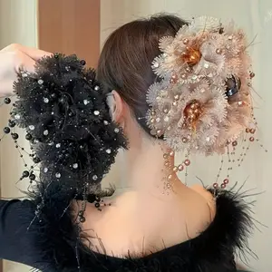 Elegant Luxury Flower Imitation Pearl Rhinesne Hair Clip KJ416275 - Shark Clip for Women's Back of The Head Ponytail Beads