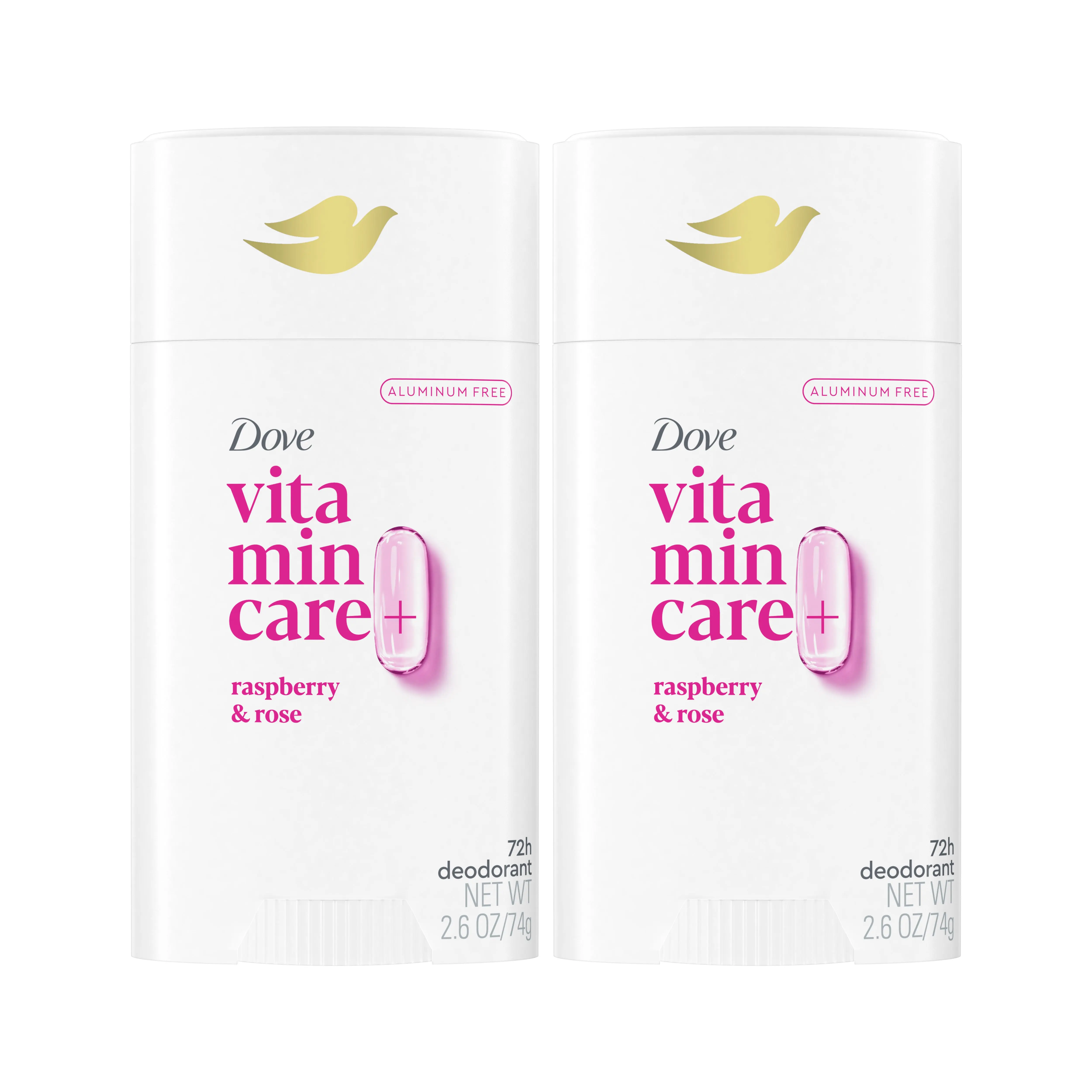 Dove Aluminum-Free Deodorant, VitaminCare+ Raspberry & Rose with Niacinamide & Vitamin E, 72H Protection, 2.6 Oz (Pack of 2)