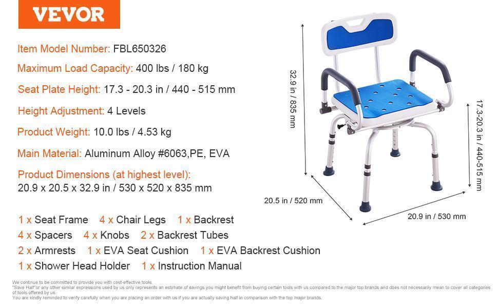 VEVOR Non-Slip Shower Chair, TikTokShopBlackFriday, 360° Swivel Bathtub Shower Stool with Pivoting Arms & Padded Seat and Back, Height Adjustable Rotating Bathtub Shower Seat for Elderly Disabled, Max 500LBS Capacity
