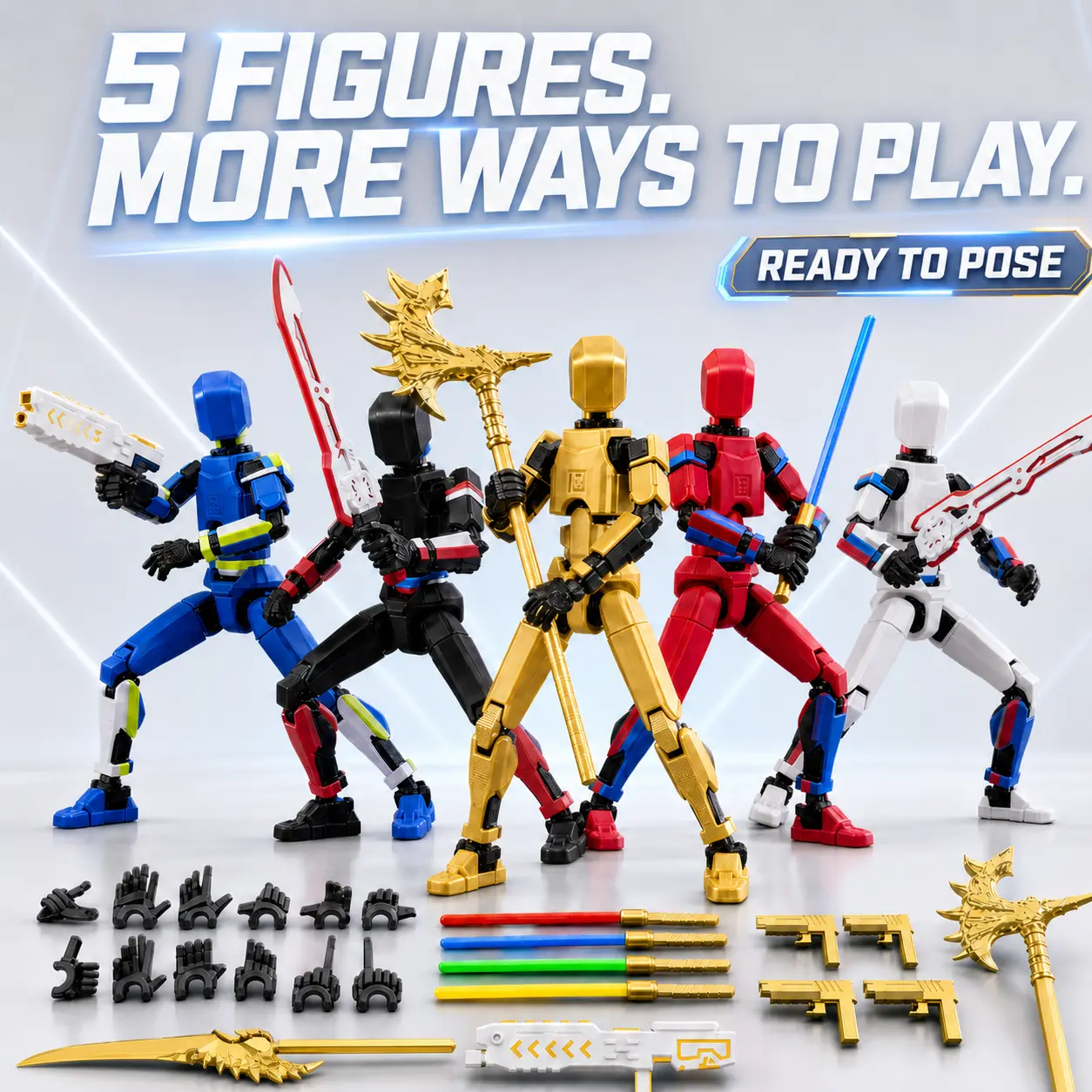 Titan 13 Action Figure Set (2-Pack or 5-Pack) - 3D Printed Multi-Colored Assembled Action Figures, Includes Laser Saber, T Dummy, Robo Nova Accessory