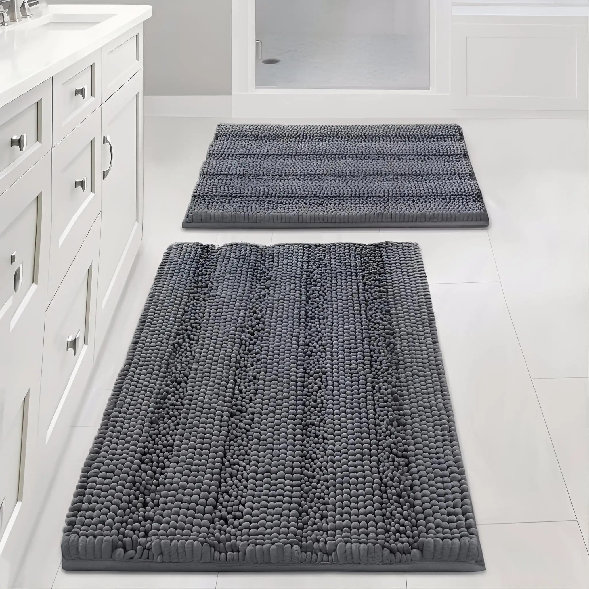 1-2 Pcs Dark Gray Chenille Striped Plush Bath Mats Set for Bathroom - Extra Thick, Washable, Non-Slip, Fast-Absorbing, Decorative, Shaggy Warm Step, Chenille Feels Soft and Warm, Modern Stripes Elevate Bath Rectangle Bathroom Rugs Accessories
