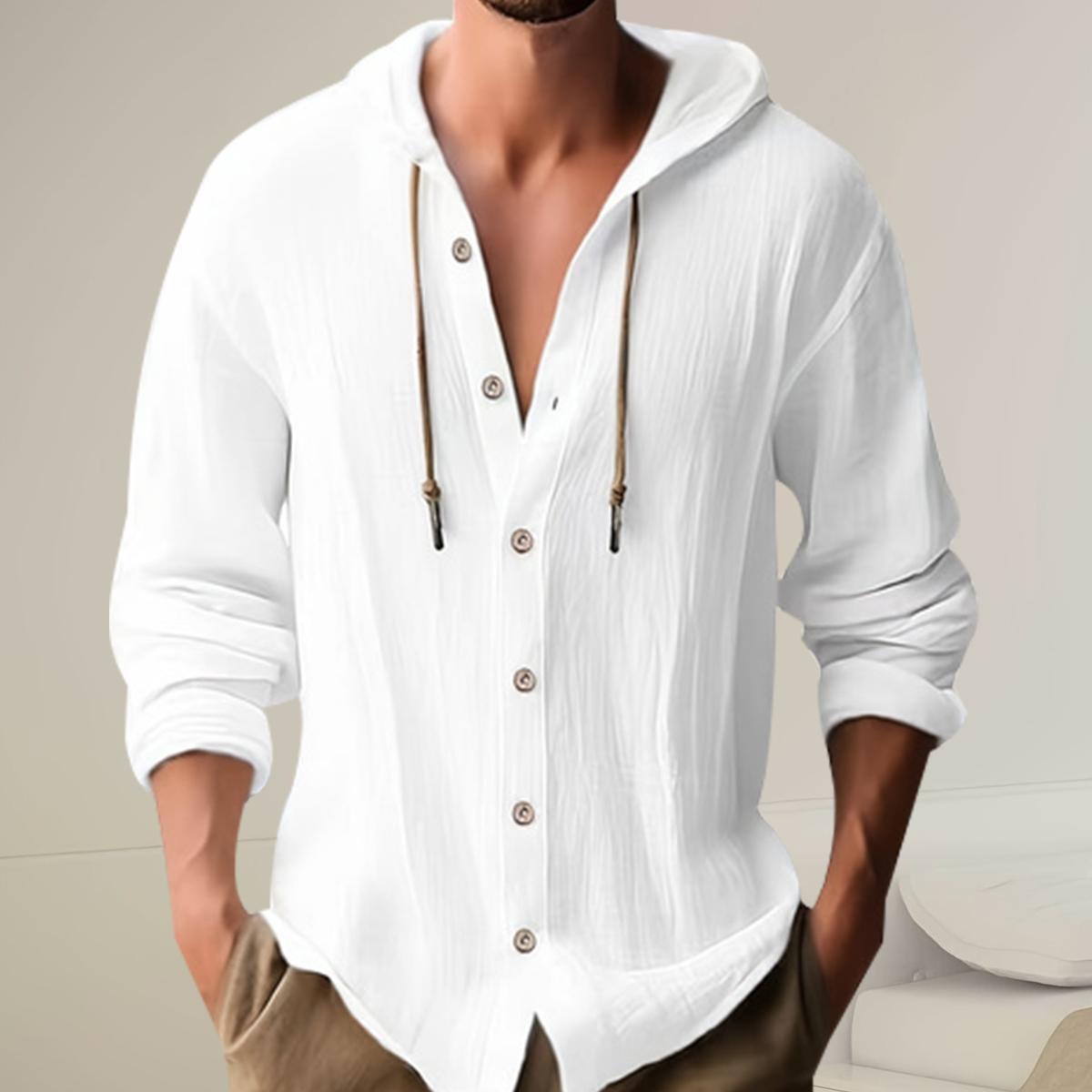 Men's casual hooded long-sleeved shirt, adjustable drawstring hood, non-elastic fabric, regular fit, suitable for spring and autumn outdoor hiking, camping, daily wear and party occasions, as well as gift for festivals