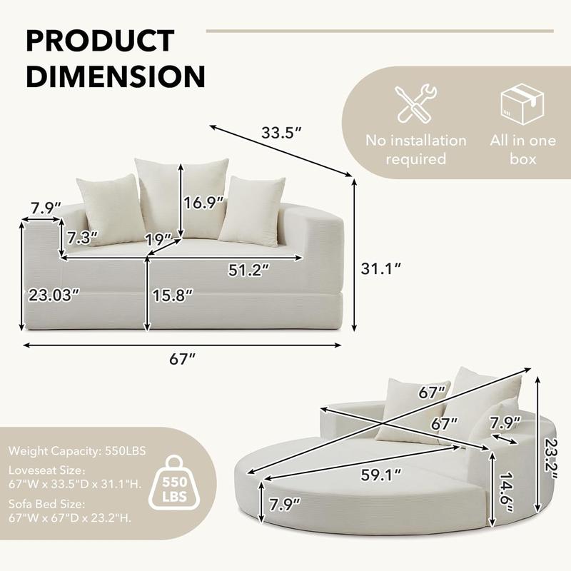 Round Boneless Couch, Corduroy Upholstered Folding Convertible Sofa Bed with Pillows, 2-in-1 Futon Sofa Bed with Half-Circle Design, Comfy Loveseat for Living Room, Apartment (Beige) Round Boneless Couch, Corduroy Upholstered Folding Convertible Sofa Bed with Pillows, 2-in-1 Futon Sofa Bed with Half-Circle Design, Comfy Loveseat for Living Room, Apartment (Beige)