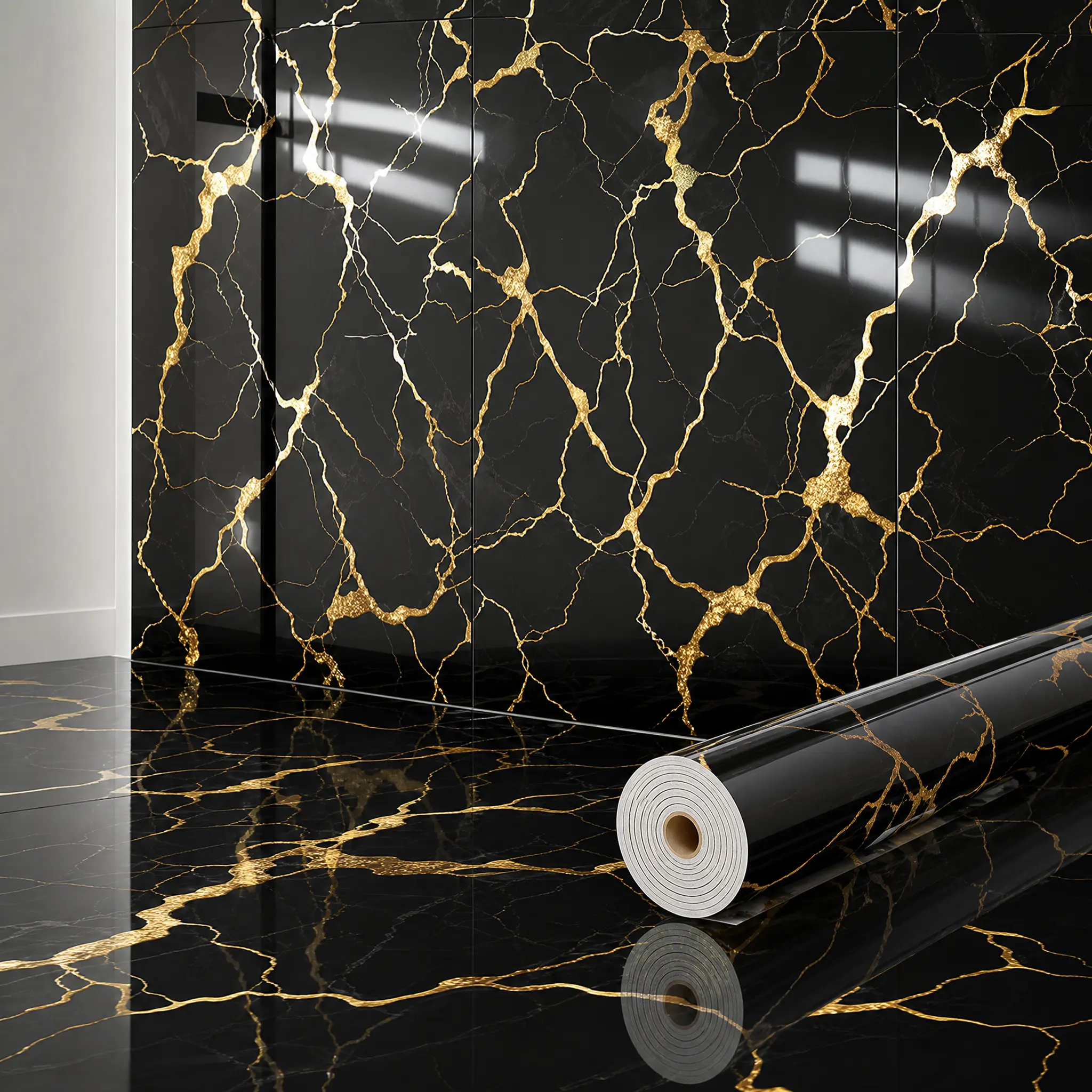 2.3mm Thick Rolled Marble Wall Sticker, Black Gold Modern Luxury Indoor Protective Peel-and-Stick Wallpaper, Waterproof Self-Adhesive Contact Paper for Home, Kitchen, Wall Decor