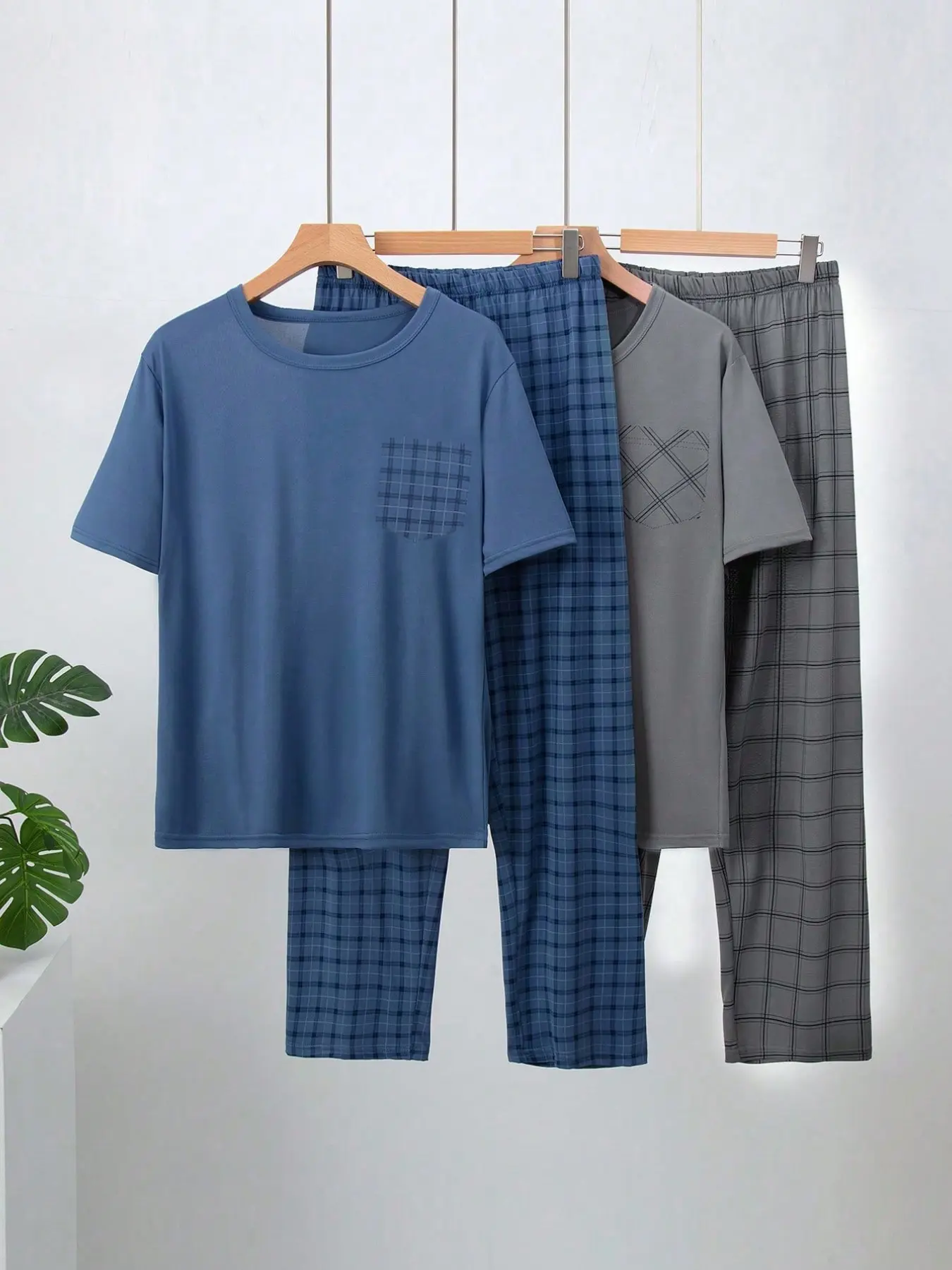 Men's Lightweight 4-Piece Fitted Sleepwear Set, Classic Plaid Checked Loungewear, Short Sleeve Top and Long Pants, Summer Comfortable Casual Pajama Set
