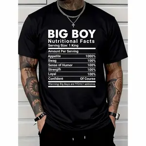 Large Men's Casual Street Style T-Shirt, Printed with Big Boy Nutrition Facts, Loose Fit Pure Cotton with Humorous Graphic, Machine Washable Novelty Top, Suitable for Outdoor and Daily Wear, Durable Clothing | Short-sleeve Top | Extra Large Size 2720