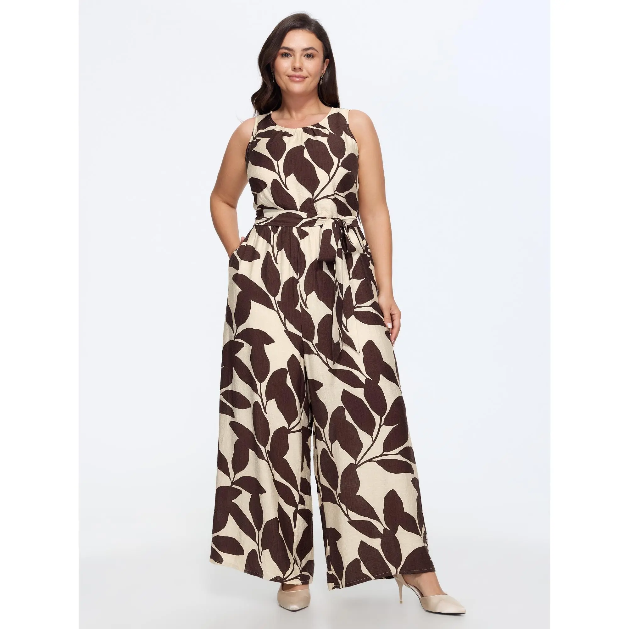 BLOOMCHIC Women's Plus Size Round Neck Leaf Pattern Self-Tie Wide Leg Overalls Jumpsuit - Smooth Polyester-Nylon Fabric, Pocket, Size M-6X, 2026 Summer Collection, Sleeveless